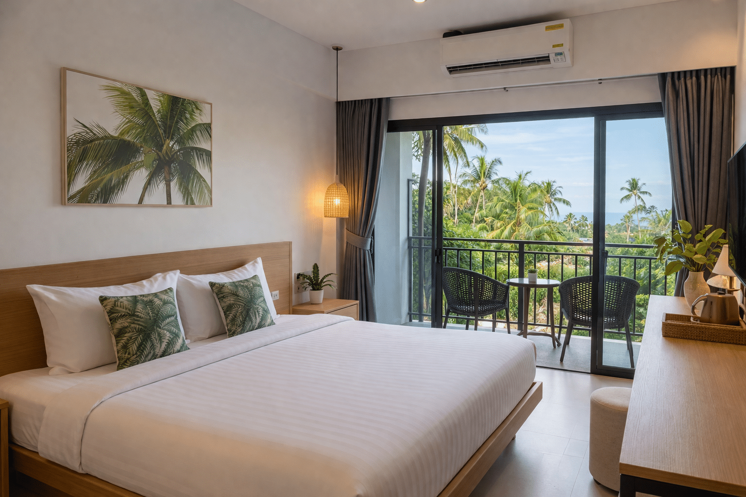 Clean budget hotel room in Koh Samui with tropical view and natural light