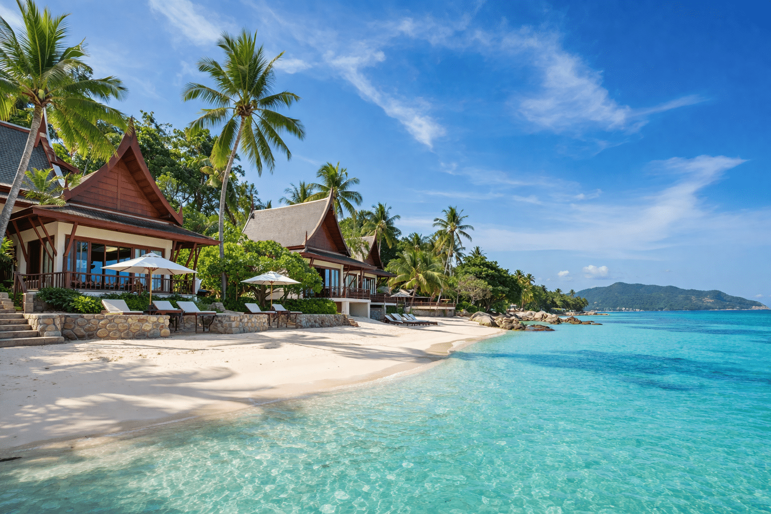 Beachfront resort on Koh Samui with white sand beach and turquoise water