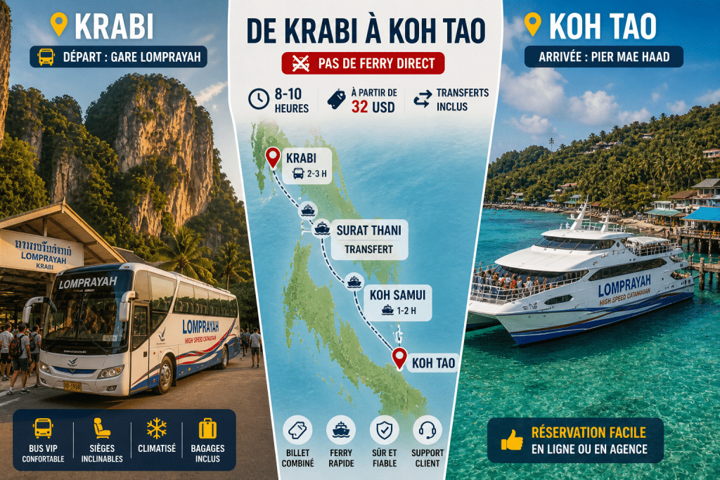 De Krabi à Koh Tao ferry bus route Thaïlande péninsule 2026