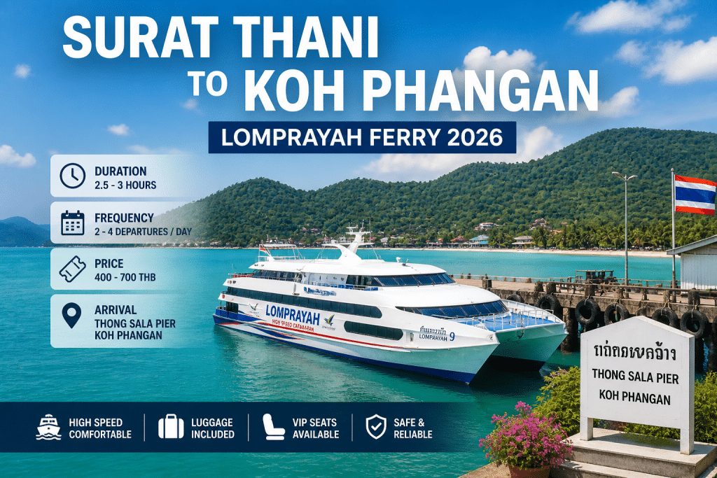 Surat Thani to Koh Phangan 2026 — all operators compared, Lomprayah from $10, night boat, Full Moon Party planning. Book via 12Go Asia.