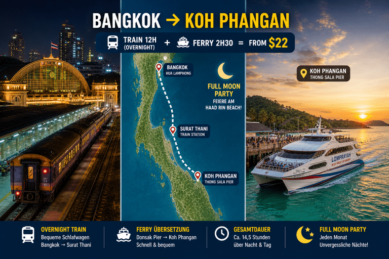 How to get to Koh Phangan from Bangkok train ferry route Thailand 2026