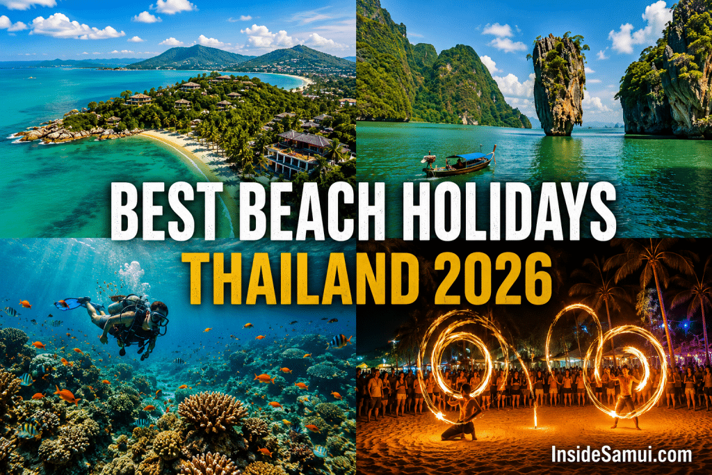 Photorealistic 8K aerial view — stunning collage of 4 Thailand beach destinations in quadrants: top left Koh Samui turquoise bay, top right Phang Nga Bay limestone karst towers, bottom left Koh Tao coral reef underwater, bottom right Koh Phangan Full Moon fire show on beach. Large bold text center: "BEST BEACH HOLIDAYS" Gold subtitle: "THAILAND 2026" White watermark bottom right: "InsideSamui.com" Travel magazine double-page spread aesthetic.