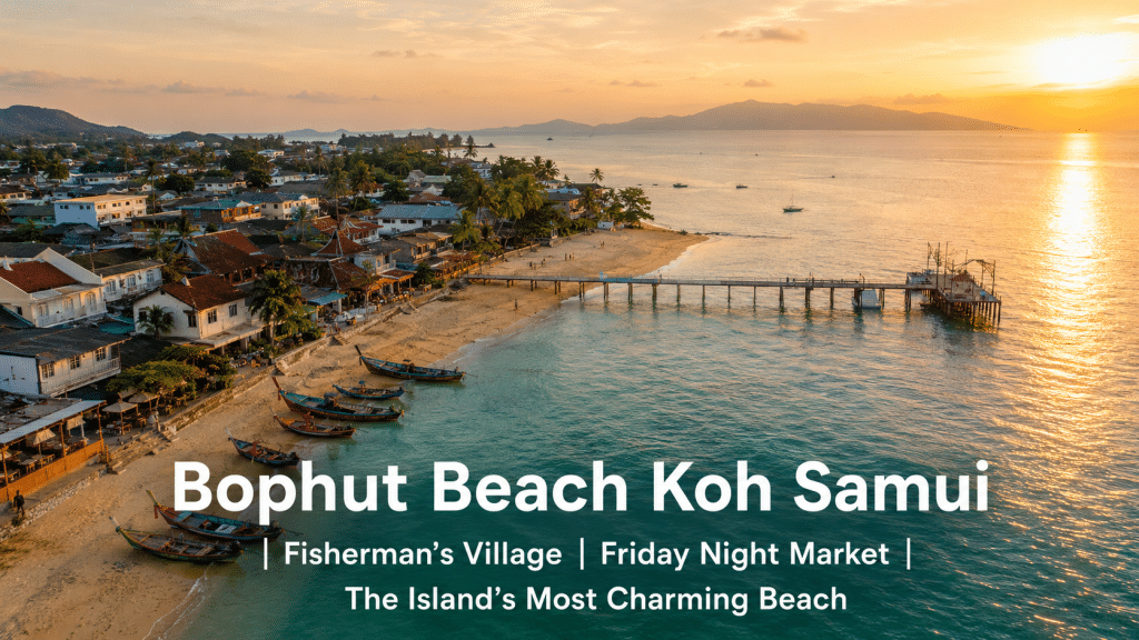 Bophut Beach Koh Samui north coast Fisherman's Village aerial view golden hour 2026