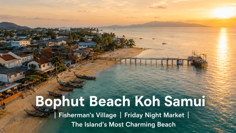 Bophut Beach Koh Samui north coast Fisherman's Village aerial view golden hour 2026