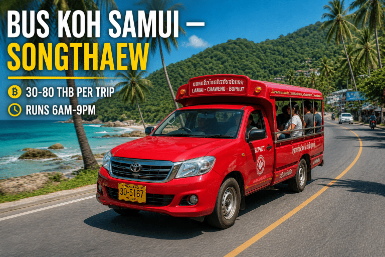 Bus Koh Samui songthaew red pickup truck ring road 2026