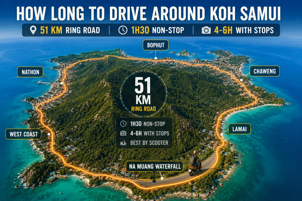 How long to drive around Koh Samui ring road scooter map 51km 2026