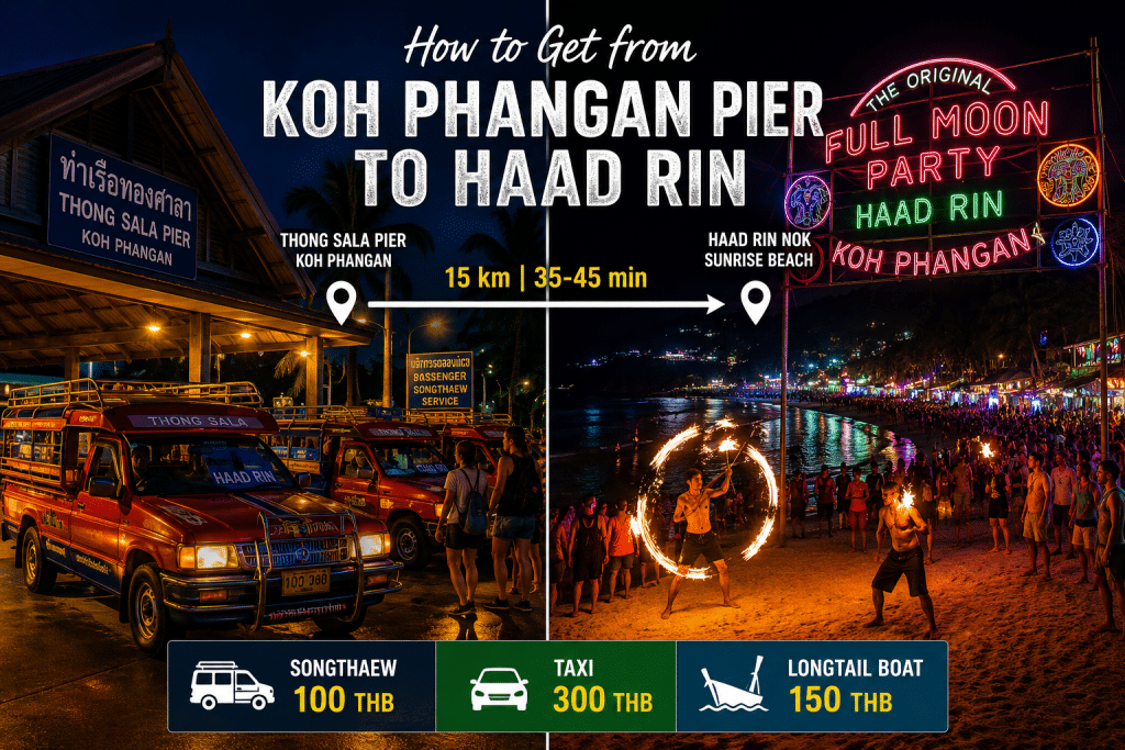 Koh Phangan pier Thong Sala to Haad Rin songthaew taxi Full Moon Party 2026
