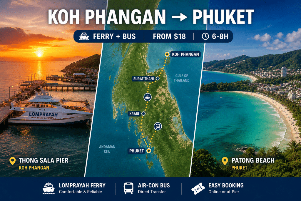 Koh Phangan to Phuket ferry bus route map 2026