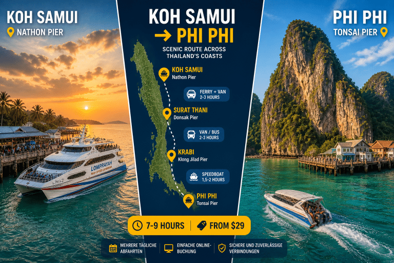 Koh Samui to Phi Phi Island speedboat Tonsai Pier limestone karsts Andaman Sea 2026