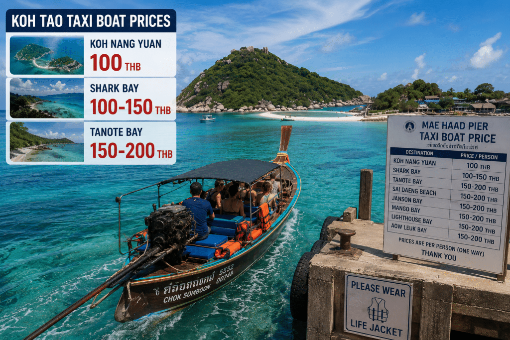 koh tao taxi boat prices ongtail Mae Haad Pier Koh Nang Yuan 100 THB 2026