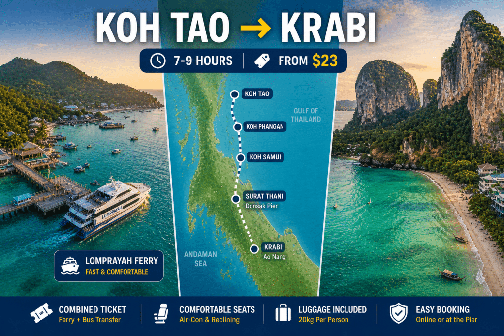 koh tao to krabi ferry bus route map Thailand 2026
