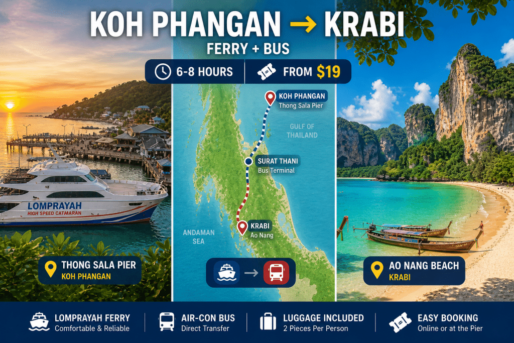 Koh Phangan to Krabi ferry bus route Thailand peninsula 2026