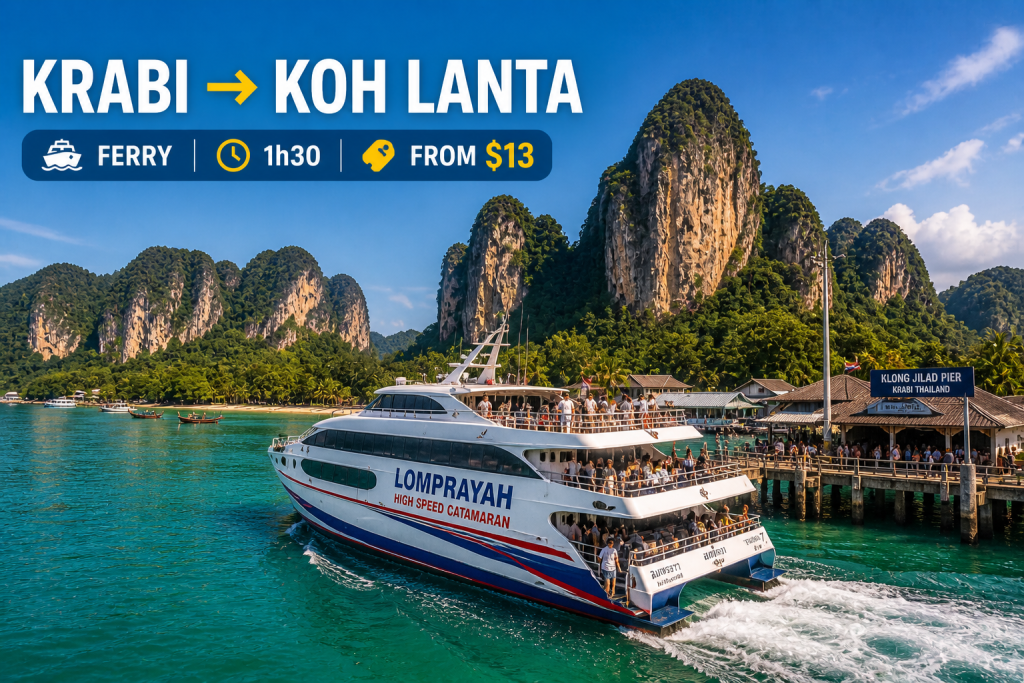 Krabi to Koh Lanta ferry speedboat Andaman Sea limestone karsts 2026
