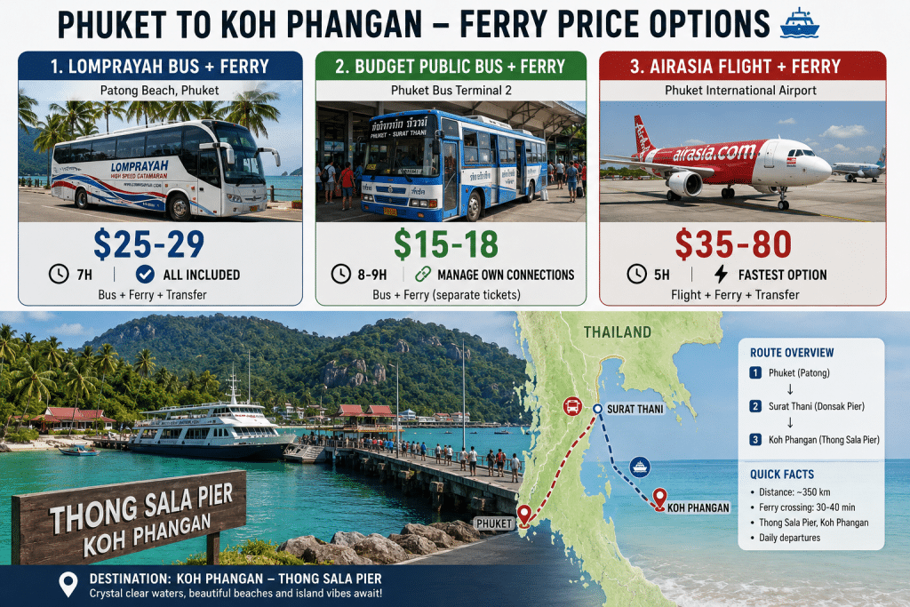 Phuket to Koh Phangan ferry price Lomprayah bus route 2026