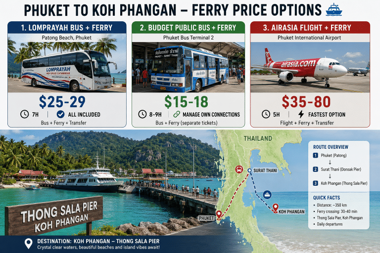 Phuket to Koh Phangan ferry price Lomprayah bus route 2026