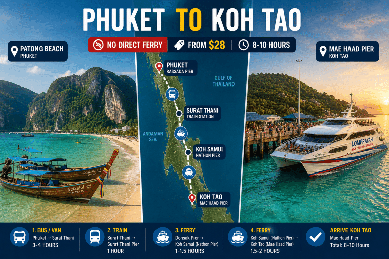 Phuket to Koh Tao Lomprayah ferry bus route Thailand peninsula 2026