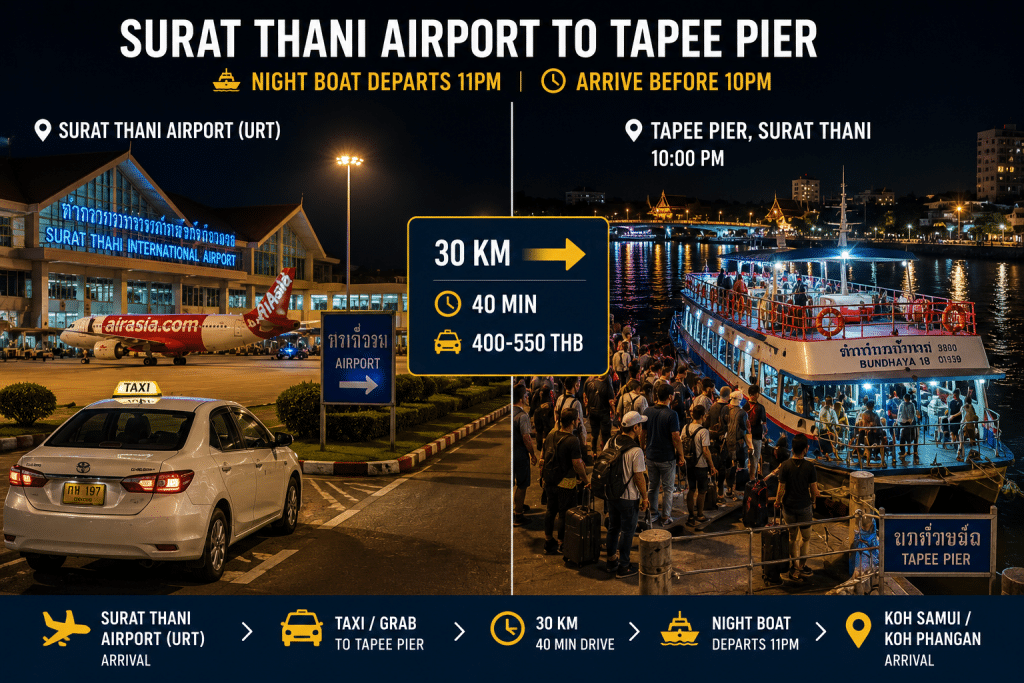 Surat Thani Airport to Tapee Pier night boat taxi route 2026