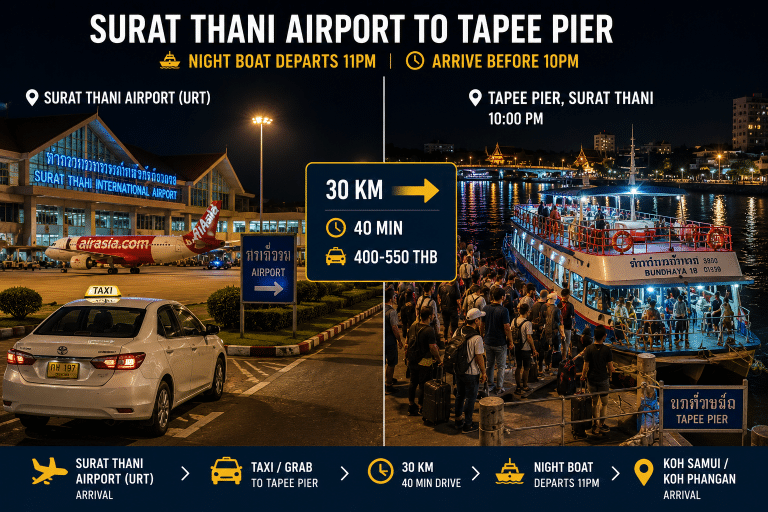 Surat Thani Airport to Tapee Pier night boat taxi route 2026