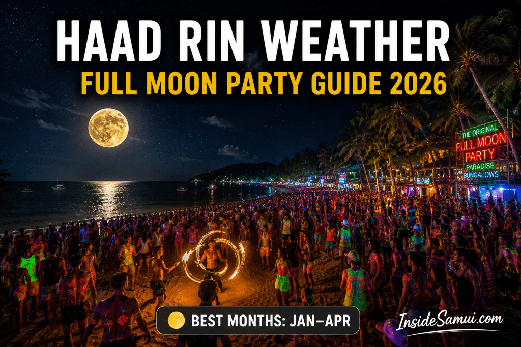 haad rin weather full moon party beach koh phangan sunny dry season 2026