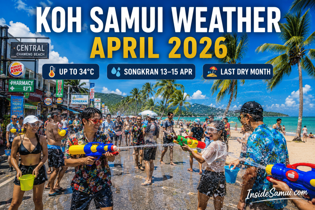 koh samui weather april songkran festival beach sunshine hot season 2026