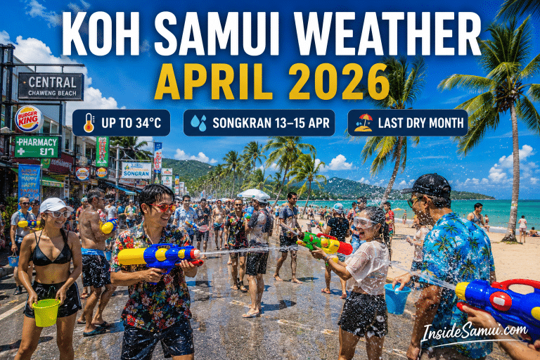 koh samui weather april songkran festival beach sunshine hot season 2026