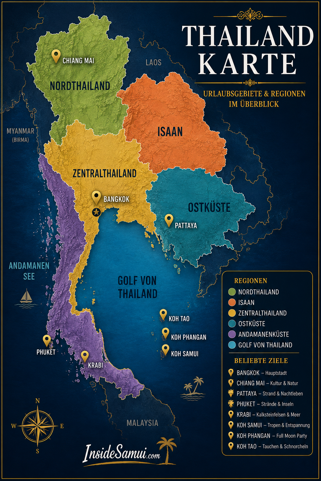 thailand karte urlaubsgebiete regionen ueberblick